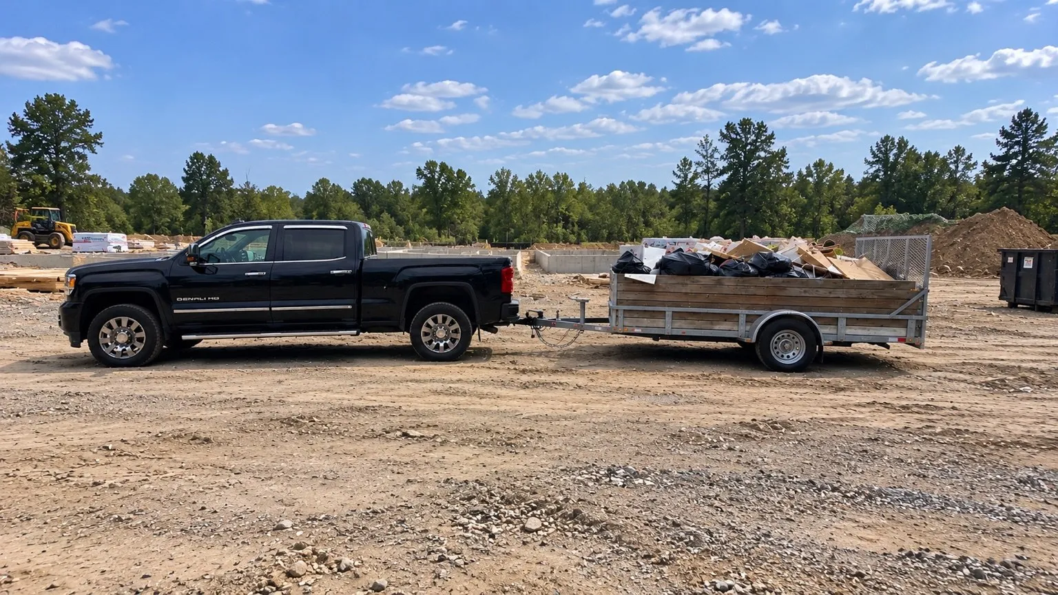 Lima Haul Co.'s black GMC Sierra Denali HD towing a loaded utility trailer on a jobsite in Southern New Hampshire